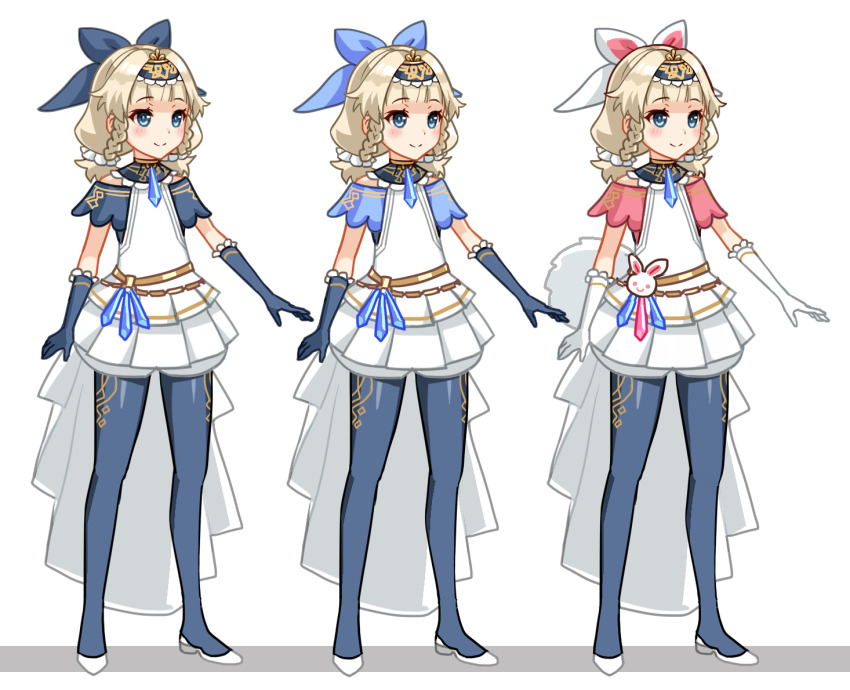 1boy, blonde_hair, blue_eyes, blue_gloves, blue_pantyhose, boots, bow, braid, cape, commentary, crown, dress, dress_shirt, english_commentary, epic_seven, flats, full_body, gem, gloves, hair_ribbon, hairband, jewelry, low_twintails, male_focus, medium_hair, pantyhose, prince_aither, rabbit, rabbit_ornament, rabbit_tail, ribbon, second-party_source, shirt, short_sleeves, simple_background, smile, tail, trap, twin_braids, twintails, variations, white_background, white_dress, white_gloves