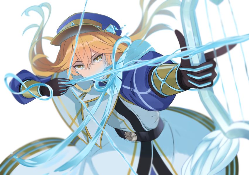 1girl, black_gloves, blonde_hair, bow_(weapon), dress, duel_monster, exosister_asophiel, exosister_sophia