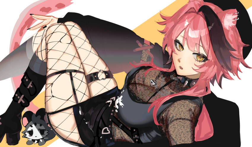 1girl, alternate_costume, black_boots, black_hair, black_hat, black_nails, black_shirt, black_skirt