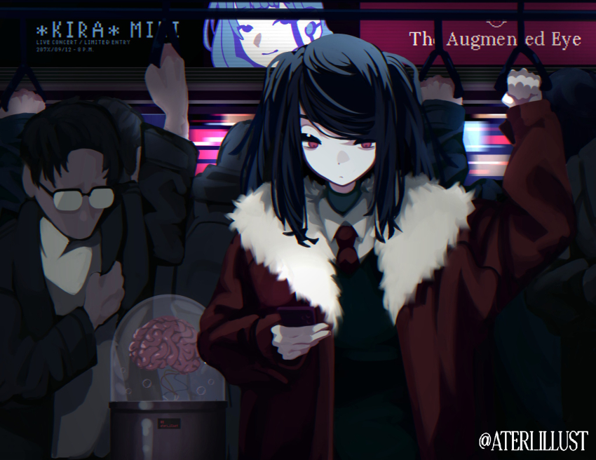 1girl, 2boys, 4others, ateri_illust, black_hair, black_jacket, brain, cellphone, collared_shirt, fur-trimmed_jacket, fur_trim, glasses, hand_grip, highres, holding, holding_hand_grip, holding_phone, hood, hood_up, jacket, jill_stingray, looking_at_phone, multiple_boys, multiple_others, necktie, opaque_glasses, phone, purple_eyes, red_necktie, shirt, smartphone, train_interior, twintails, twitter_username, va-11_hall-a