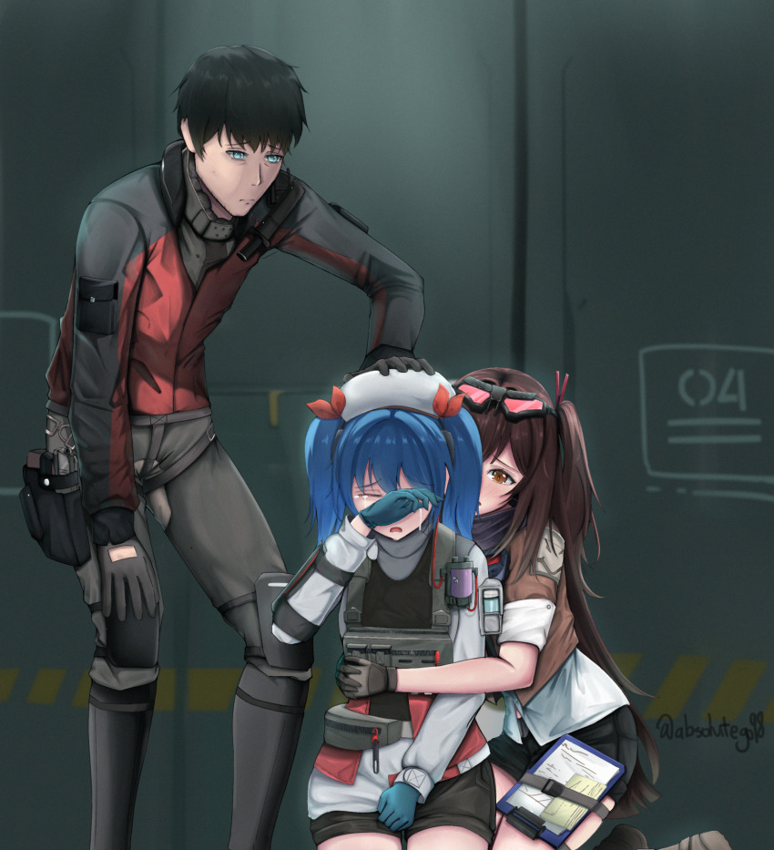 1boy, 2girls, arcadeshoujo, black_gloves, black_hair, black_pants, black_shorts, blue_eyes, blue_gloves, blue_hair, blush, breasts, brown_hair, brown_jacket, colphne_(girls'_frontline_2), comforting, commander_(girls'_frontline), cropped_jacket, crying, frown, girls'_frontline, girls'_frontline_2:_exilium, gloves, goggles, goggles_on_head, hair_between_eyes, hair_ribbon, hand_on_another's_head, hand_up, highres, hug, hug_from_behind, jacket, kneeling, leaning_forward, long_hair, mayling_shen_(girls'_frontline_2), medium_hair, multiple_girls, open_mouth, orange_eyes, pants, red_ribbon, ribbon, shirt, short_shorts, shorts, small_breasts, standing, tears, very_long_hair, white_shirt
