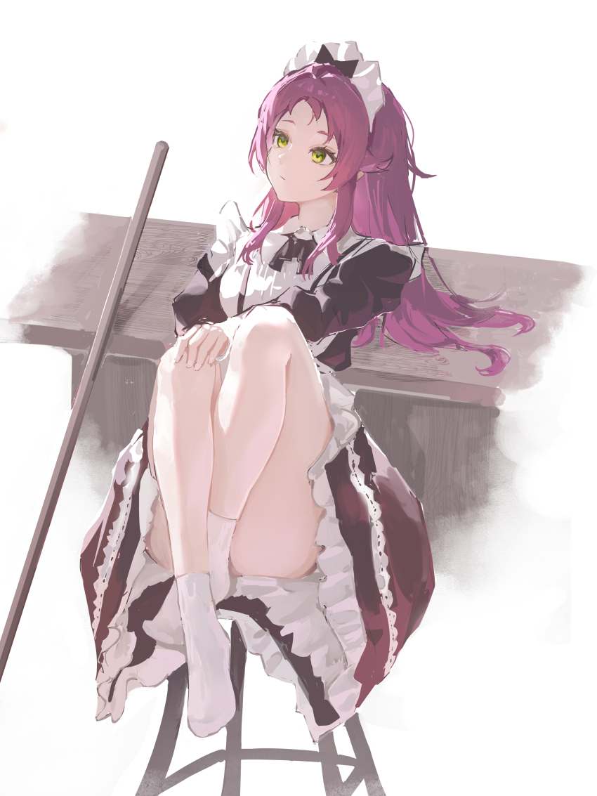 1girl, absurdres, aisha_greyrat, apron, bar_stool, black_bow, black_bowtie, black_dress