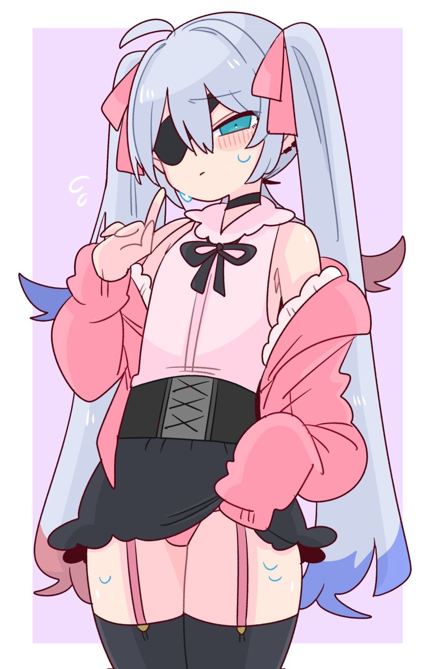 1boy, bare_shoulders, black_choker, black_skirt, blue_eyes, blush, choker, clothes_pull