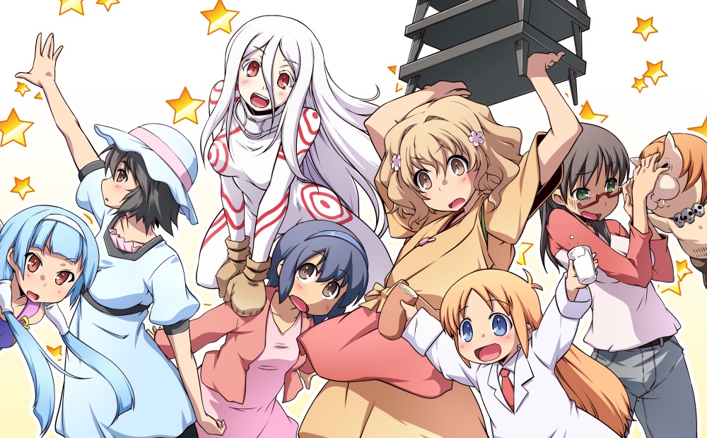 10s, 6+girls, azazel_(azazel-san), bad_id, bad_pixiv_id, black_hair, blue_eyes, blue_hair