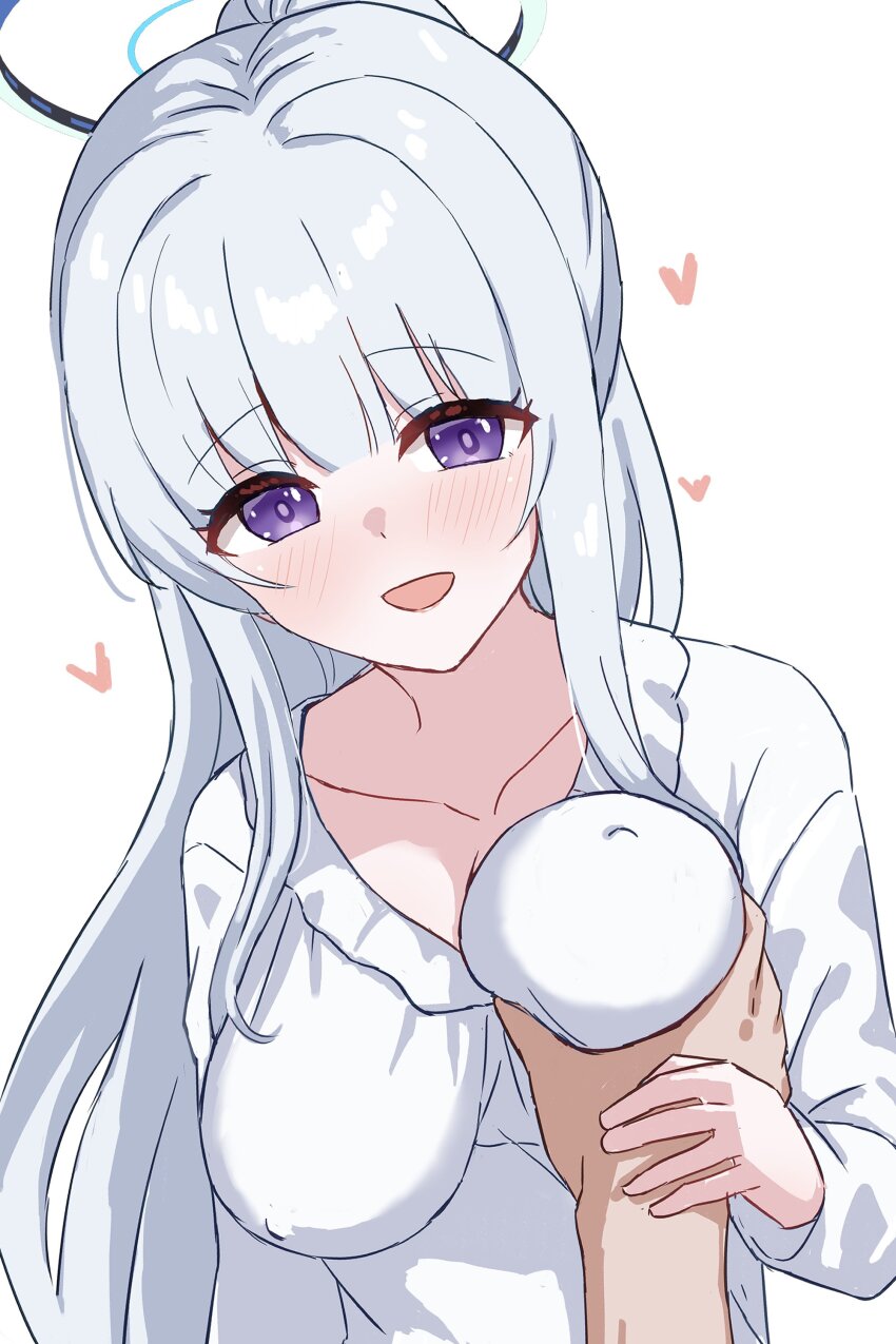 000_(jicasoe), 1girl, absurdres, assertive_female, blue_archive, blush, breasts, collarbone, frilled_pajamas, frills, grabbing_another's_breast, groping, guided_breast_grab, guiding_hand, halo, hand_on_another's_chest, highres, large_breasts, long_hair, long_sleeves, looking_at_viewer, mechanical_halo, nightgown, noa_(blue_archive), noa_(pajamas)_(blue_archive), official_alternate_costume, open_mouth, pajamas, pov, pov_hands, purple_eyes, simple_background, sleepwear, white_background, white_hair, white_halo, white_nightgown, white_pajamas