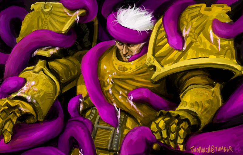1boy, armor, chaos_(warhammer), commentary, cum, frown, gold_armor, grabbed_by_tentacles