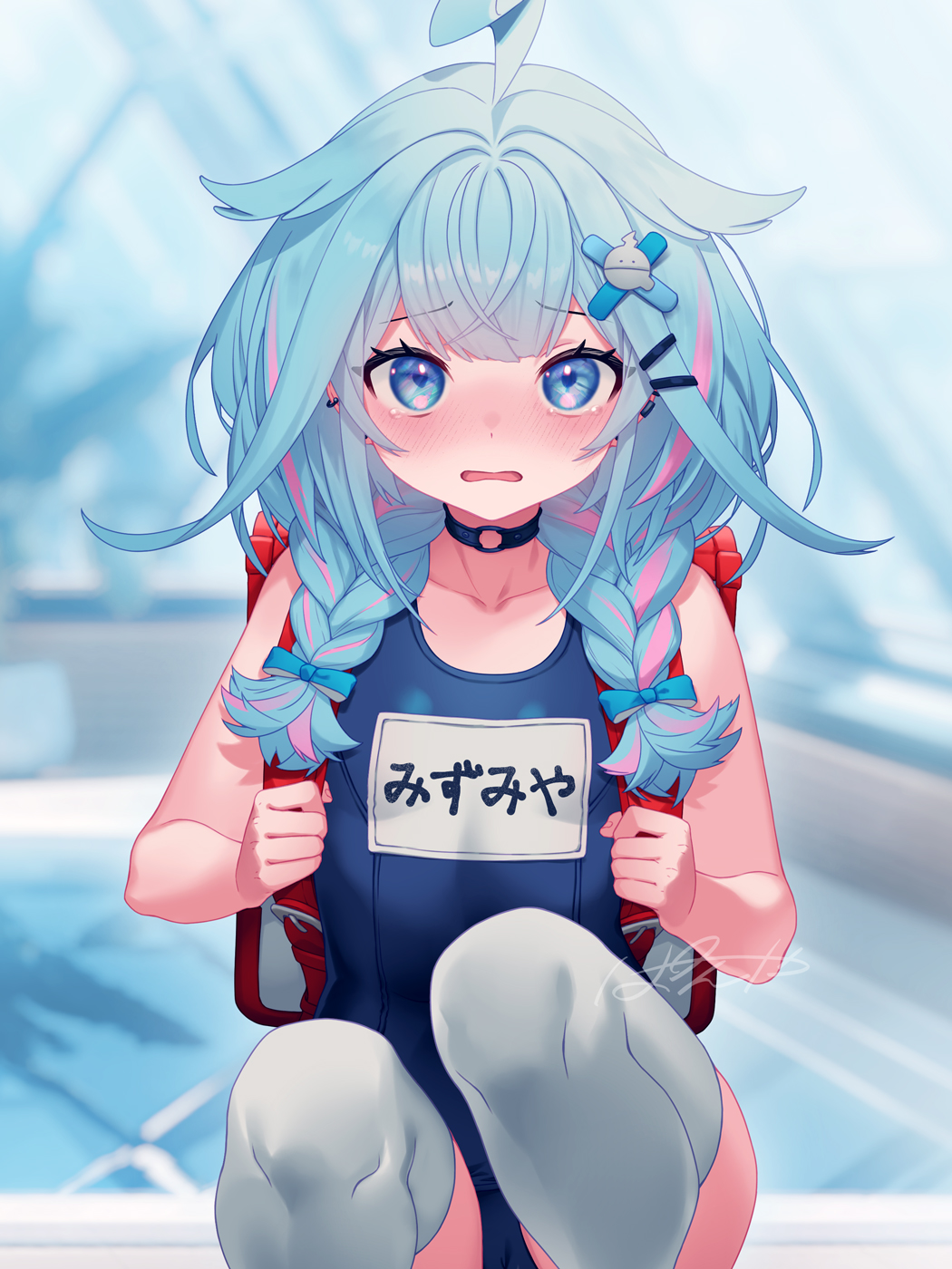 1girl, ahoge, alternate_costume, backpack, bag, black_choker, blue_bow, blue_eyes