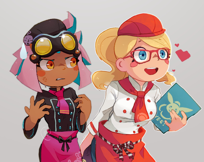 2girls, :d, amandine_(pokemon), anger_vein, apron, blonde_hair, blue_eyes, blush_stickers, breast_envy, buttons, glasses, goggles, hat, highres, holding, holding_menu, jacket, leah_(pokemon), menu, mixed-language_commentary, multicolored_hair, multiple_girls, necktie, nintendo, open_mouth, parted_bangs, pink_apron, pink_necktie, pokemon, pokemon_cafe_remix, ponytail, ragou2niko, red-framed_eyewear, short_necktie, smile, team_crunch, teeth, tongue, two-tone_hair, upper_teeth_only, waist_apron, white_jacket