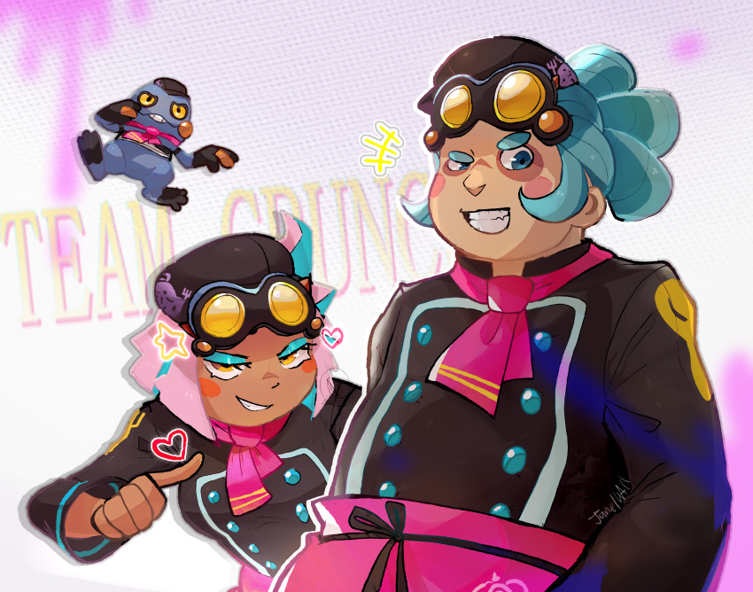 +++, 1boy, 1girl, absurdres, amandine_(pokemon), apron, aqua_hair, blush_stickers, buttons, croagunk, croagunk_(team_crunch), eyelashes, eyeshadow, gen_4_pokemon, goggles, grin, half-closed_eyes, hat, heart, highres, ignace_(pokemon), jacket, looking_down, makeup, mixed-language_commentary, multicolored_hair, necktie, nintendo, pink_apron, pink_hair, pink_necktie, pokemon, pokemon_(creature), pokemon_cafe_remix, ragou2niko, short_hair, short_necktie, signature, smile, star_(symbol), team_crunch, teeth, two-tone_hair, waist_apron, yellow_eyes