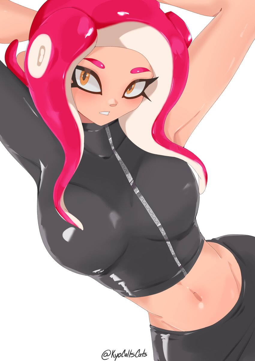 1girl, absurdres, agent_8_(splatoon), arms_up, artist_name, black_skirt, breasts, highres
