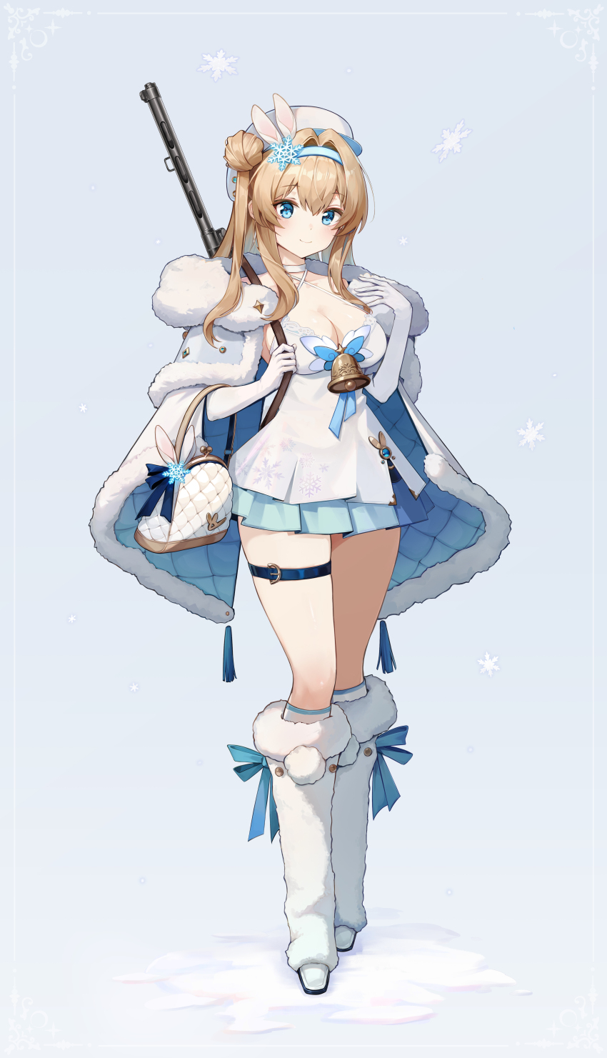 1girl, absurdres, alternate_costume, blonde_hair, blue_eyes, blue_skirt, breasts, cleavage