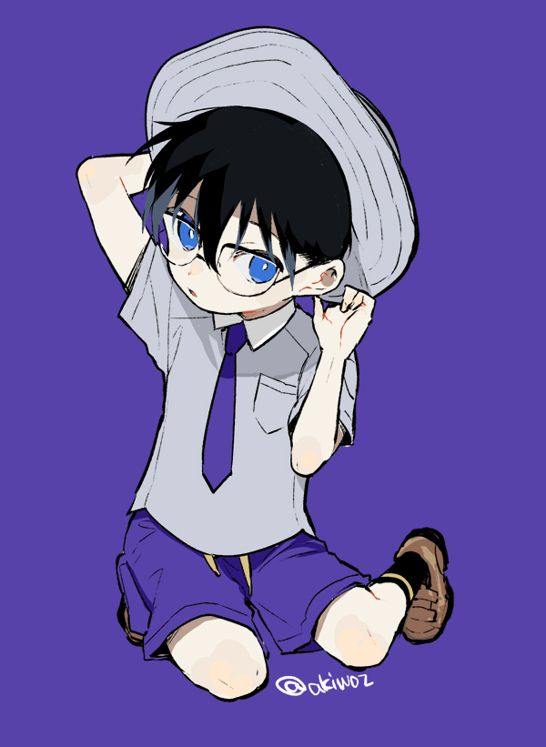 1boy, adjusting_clothes, adjusting_headwear, akio_(89e), arm_up, black_hair, black_socks, blue_eyes