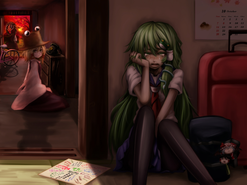 3girls, alternate_costume, antique_phone, bag, bicycle, blonde_hair, calendar_(object), corded_phone, crying, dark_room, emerane, female_focus, frog, green_hair, hakurei_reimu, hat, highres, indoors, charm_(object), kochiya_sanae, long_hair, luggage, merutoreimu, moriya_suwako, multiple_girls, pantyhose, phone, remilia_scarlet, rotary_phone, sad, school_bag, school_uniform, serafuku, shikishi_(object), short_hair, sitting, sunset, tears, touhou, yasaka_kanako, yukkuri_shiteitte_ne