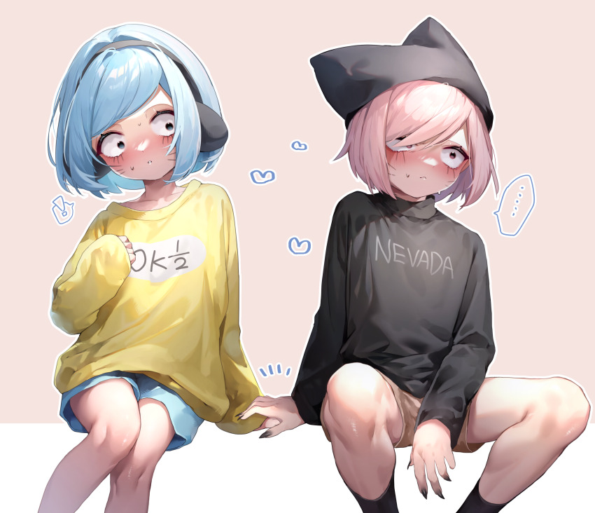 2boys, absurdres, aged_down, alltime_natsu, animal_ears, animal_hat, black_eyes, black_nails, blue_background, blue_hair, blush, cat_hat, commentary_request, facial_mark, fake_animal_ears, fingernails, hand_up, hat, highres, holding_hands, invisible_chair, kneehighs, looking_at_another, male_focus, multiple_boys, nyen_(randal's_friends), nyon_(randal's_friends), pink_hair, purple_background, randal's_friends, sharp_fingernails, short_hair, shorts, shota, sitting, sleeves_past_wrists, socks, sweater, turtleneck, turtleneck_sweater, whisker_markings, yaoi, yellow_sweater