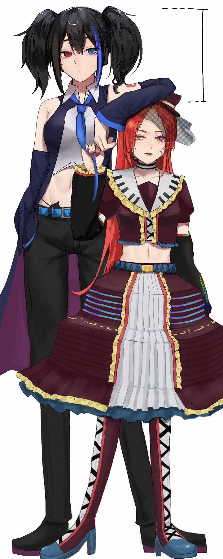 1boy, 1girl, anger_vein, arm_on_another's_head, belt, black_choker, black_hair, black_hat, black_pants, black_shirt, black_shoes, black_skirt, black_sleeves, blue_belt, blue_eyes, blue_hair, blue_high_heels, blue_jacket, blue_necktie, blue_sleeves, choker, closed_mouth, collarbone, collared_shirt, crop_top, detached_sleeves, frilled_shirt, frilled_skirt, frills, hat, height_difference, heterochromia, highres, holding_necktie, jacket, long_hair, looking_at_another, midriff, mini_hat, mini_top_hat, mttskkbimkhrkn, multicolored_hair, namine_ritsu, navel, necktie, open_mouth, pants, piano_print, red_eyes, red_hair, red_nails, shirt, shoes, sidelocks, skirt, streaked_hair, top_hat, trap, twintails, utau, white_shirt, white_trim, yokune_ruko