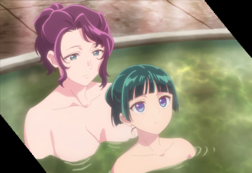 2girls, bath, blue_eyes, breasts, cleavage, collarbone, green_eyes, green_hair, highres, kusuriya_no_hitorigoto, large_breasts, maomao_(kusuriya_no_hitorigoto), meimei_(kusuriya_no_hitorigoto), multiple_girls, nude, purple_hair, stitched, third-party_edit, towel, water