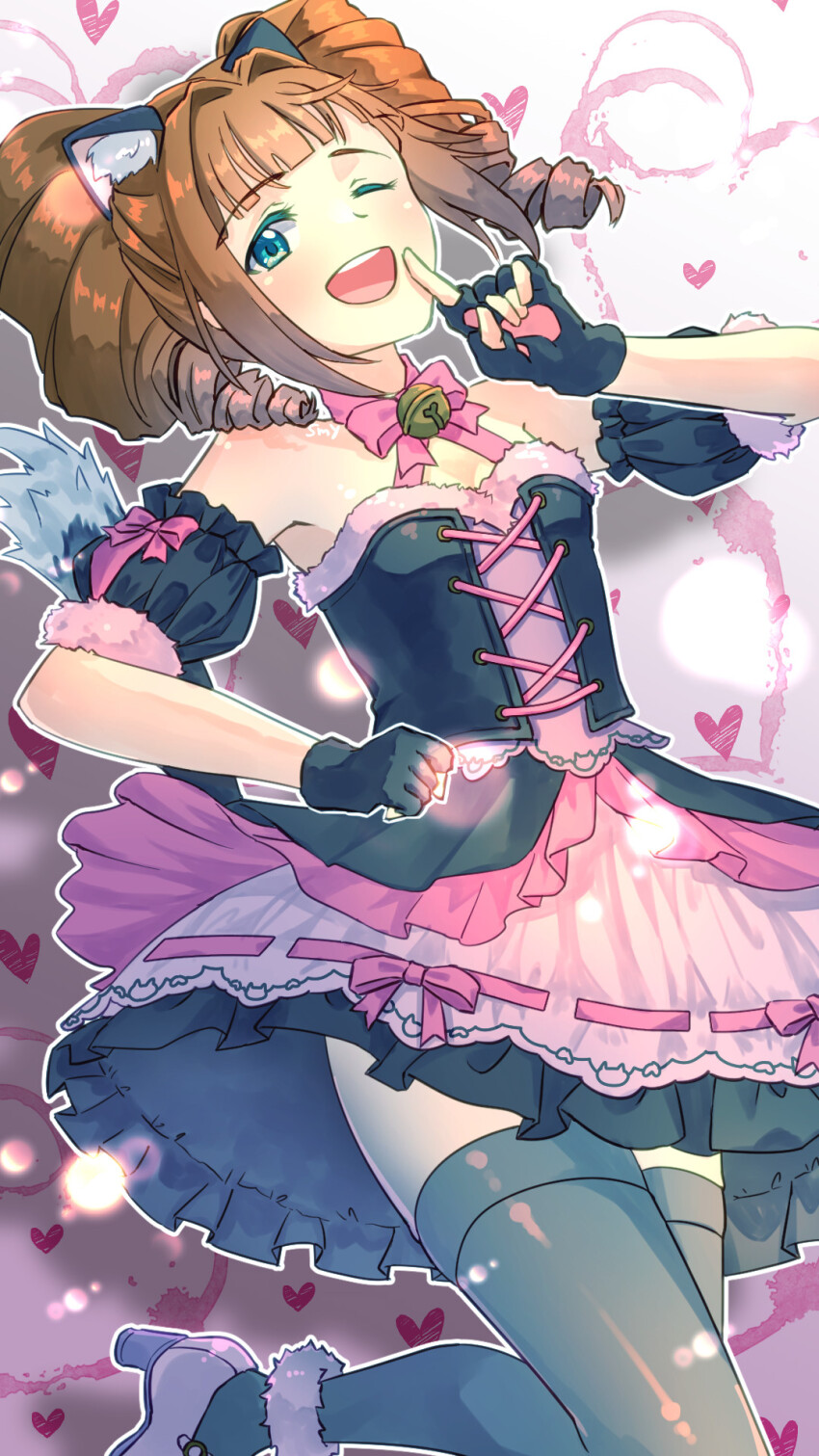 1girl, animal_ears, bare_shoulders, bell, black_corset, black_dress, black_gloves, black_thighhighs