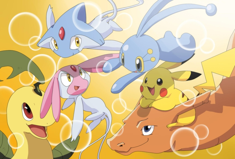 antennae, azelf, bayleef, blue_eyes, brown_eyes, bubble, charizard, closed_mouth