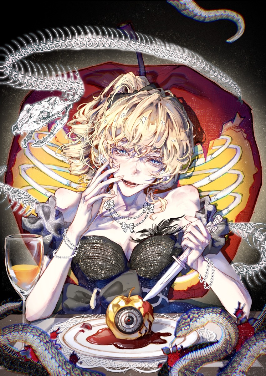 1girl, absurdres, ambiguous_red_liquid, apple, arm_scrunchie, bare_arms, bare_shoulders, bianca_(path_to_nowhere)