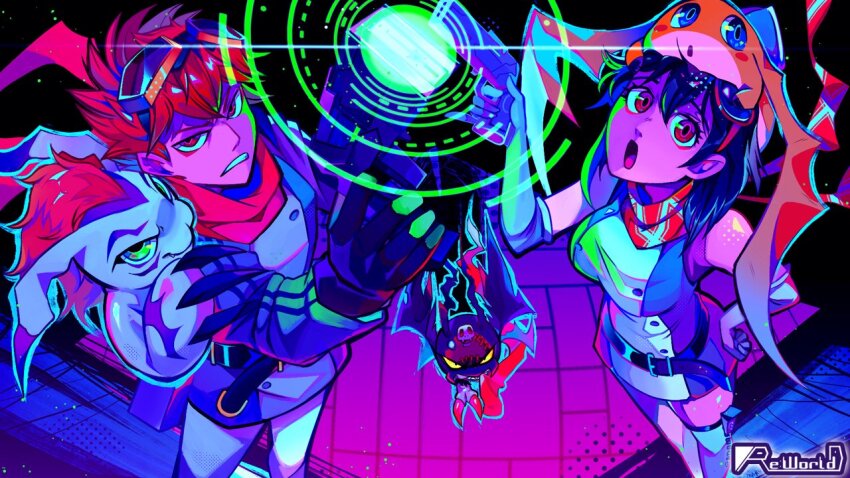 1boy, 1girl, bare_shoulders, black_hair, body_fur, breasts, brown_hair, cowboy_shot, digimon, digimon_story:_time_stranger, dress, elbow_gloves, energy_gun, gloves, goggles, gomamon, green_dress, green_eyes, green_jacket, gun, holding, holding_gun, holding_weapon, jacket, marypumpum, medium_breasts, mohawk, pants, patamon, picodevimon, second-party_source, short_dress, weapon, white_dress, white_fur, white_gloves, white_jacket, white_pants, yuuki_dan, yuuki_kanan