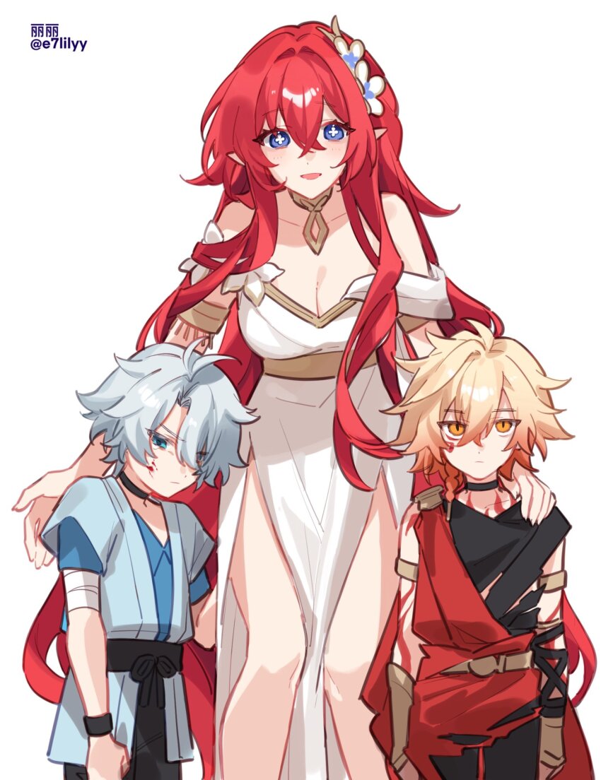 1girl, 2boys, aged_down, alkalilyy, ancient_greek_clothes, bare_shoulders, black_pants, black_shirt