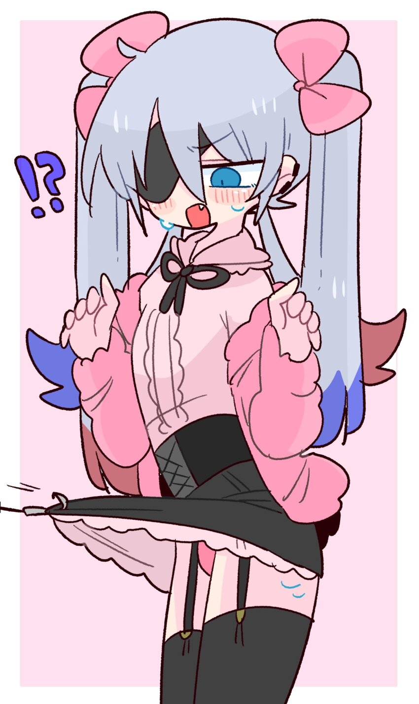 !?, 1boy, blue_eyes, blush, bulge, clothes_pull, crossdressing, crossdressing_(mtf)