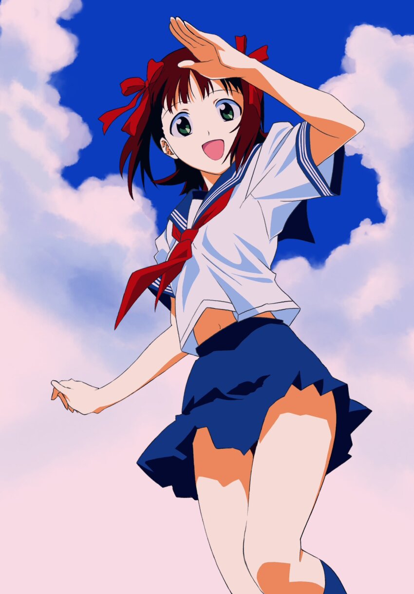 1girl, amami_haruka, arm_up, blue_sailor_collar, blue_skirt, blue_sky, blue_socks, brown_hair, cloud, commentary_request, cowboy_shot, day, flowercrabcake, from_below, green_eyes, hair_ribbon, highres, idolmaster, idolmaster_(classic), korean_commentary, looking_at_viewer, midriff_peek, navel, neckerchief, open_mouth, outdoors, pleated_skirt, red_neckerchief, red_ribbon, ribbon, sailor_collar, salute, school_uniform, serafuku, short_hair, skirt, sky, smile, socks, solo