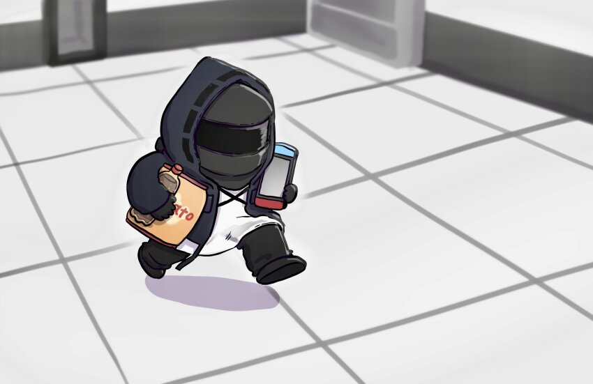 1other, arknights, bag_of_chips, black_coat, black_gloves, black_pants, bottle, carrying