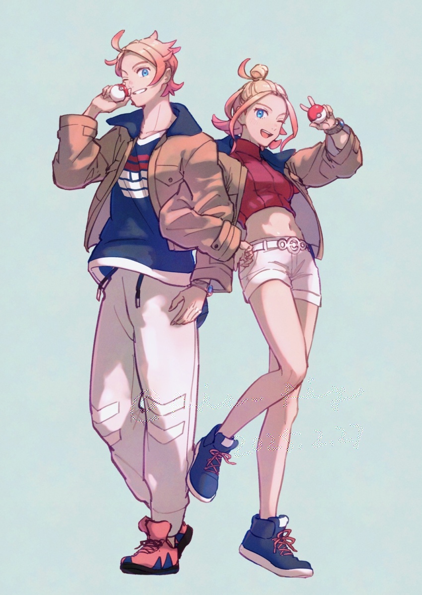 1boy, 1girl, ;d, ahoge, blonde_hair, blue_eyes, blue_shirt, blue_shoes, bracelet, brown_jacket, commentary_request, cropped_shirt, fiz_breakfast, grey_background, grin, happy, highres, holding, holding_poke_ball, jacket, jewelry, locked_arms, navel, nintendo, one_eye_closed, open_clothes, open_jacket, open_mouth, pants, pink_shoes, poke_ball, poke_ball_(basic), pokemon, pokemon_legends:_z-a, red_shirt, shirt, shoes, shorts, smile, standing, taunie_(pokemon), teeth, upper_teeth_only, urbain_(pokemon), white_pants, white_shorts
