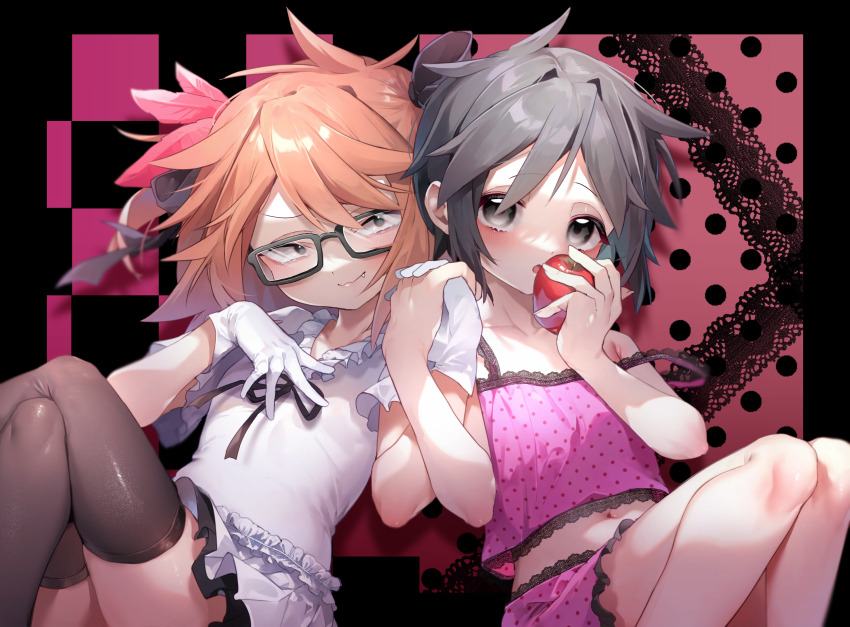2boys, alltime_natsu, apple, camisole, commentary_request, crossdressing, crossdressing_(mtf), fang, fang_out, food, fruit, glasses, gloves, hand_on_own_chest, highres, holding, holding_food, holding_fruit, holding_hands, looking_at_viewer, male_focus, multiple_boys, orange_hair, pink_background, pink_camisole, randal's_friends, randal_ivory, shirt, short_hair, shota, skirt, smile, thighhighs, tsukada_satoru, white_gloves, white_shirt, white_skirt