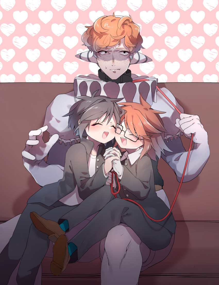 3boys, aged_down, alltime_natsu, animal_collar, black_eyes, black_hair, clown, collar, commentary_request, couch, freckles, gakuran, heart, heart_background, highres, holding, holding_hands, holding_leash, leash, male_focus, multiple_boys, pink_background, randal's_friends, randal_ivory, school_uniform, sebastian_de_tomato_smith_chicken_legs, short_hair, shota, sitting, sitting_on_lap, sitting_on_person, tsukada_satoru, yaoi