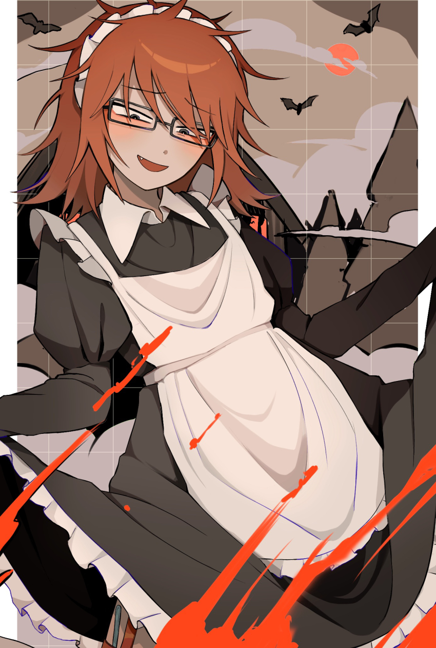 1boy, bat_(animal), black_eyes, blood, blush, brown_background, cowboy_shot, crossdressing