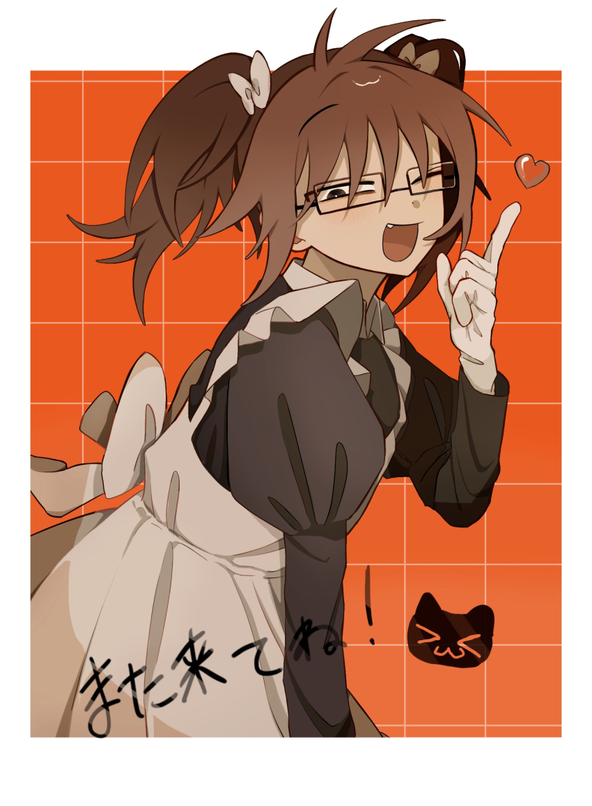1boy, black_eyes, brown_hair, cowboy_shot, crossdressing, crossdressing_(mtf), fang, glasses