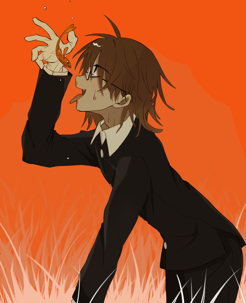 1boy, absurdres, animal, black_coat, black_eyes, brown_hair, coat, cowboy_shot