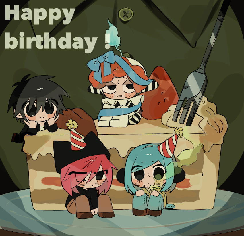 5boys, animal_ears, animal_hat, birthday_cake, black_eyes, black_hair, blue_hair, cake