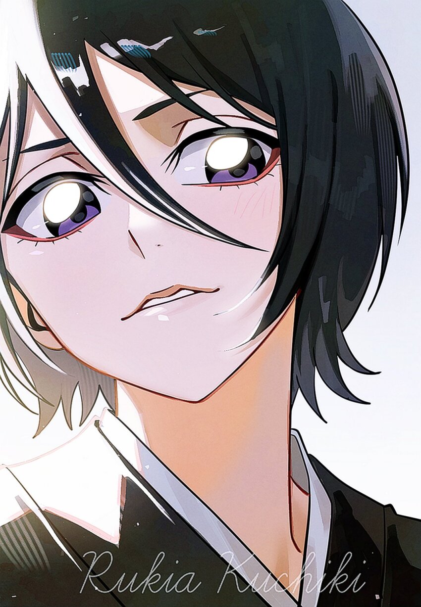1girl, black_hair, black_robe, bleach, hair_between_eyes, highres, kuchiki_rukia, lipgloss