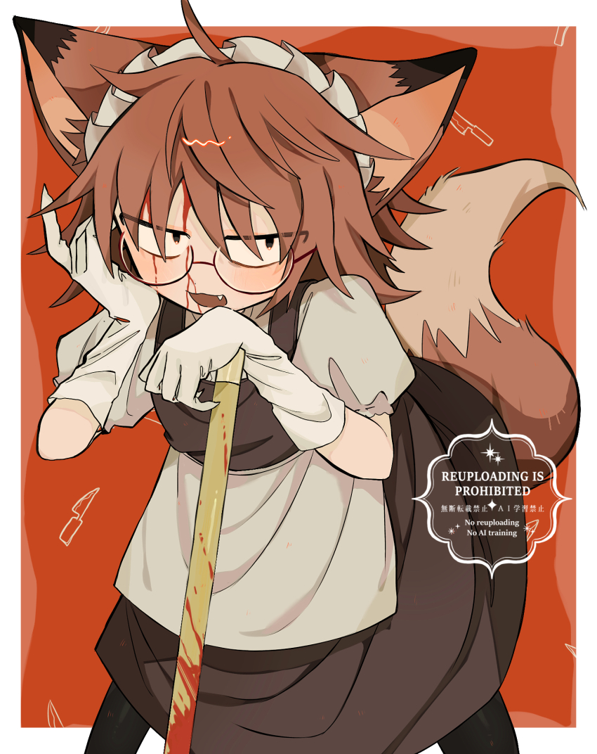 1boy, animal_ears, apron, black_eyes, bleeding, blood, blood_from_forehead, blood_on_face, broom, brown_hair, cowboy_shot, crossdressing, crossdressing_(mtf), fang, fingernails, fox_boy, fox_ears, fox_tail, glasses, gloves, highres, holding, holding_broom, injury, kemonomimi_mode, maid, male_focus, male_maid, medium_hair, orange_background, puffy_short_sleeves, puffy_sleeves, r_mame_n, randal's_friends, randal_ivory, sharp_fingernails, short_sleeves, solo, standing, tail, tail_raised, waist_apron