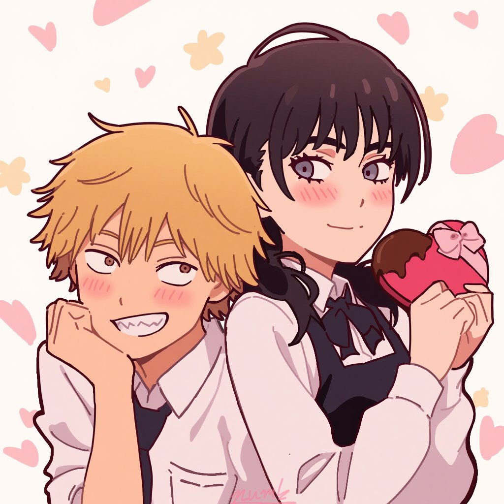 1boy, 1girl, apron, black_apron, black_bow, black_bowtie, black_necktie, blonde_hair, blush, bow, bowtie, box, box_of_chocolates, breast_pocket, brown_eyes, brown_hair, chainsaw_man, chocolate, collared_shirt, denji_(chainsaw_man), falling_leaves, grey_eyes, grin, hair_between_eyes, hand_on_own_chin, heart, heart-shaped_box, holding, holding_box, leaf, long_hair, looking_at_another, mitaka_asa, necktie, pink_box, pink_ribbon, pocket, ribbon, sharp_teeth, shirt, short_hair, smile, teeth, thenumbnin, white_background, white_shirt