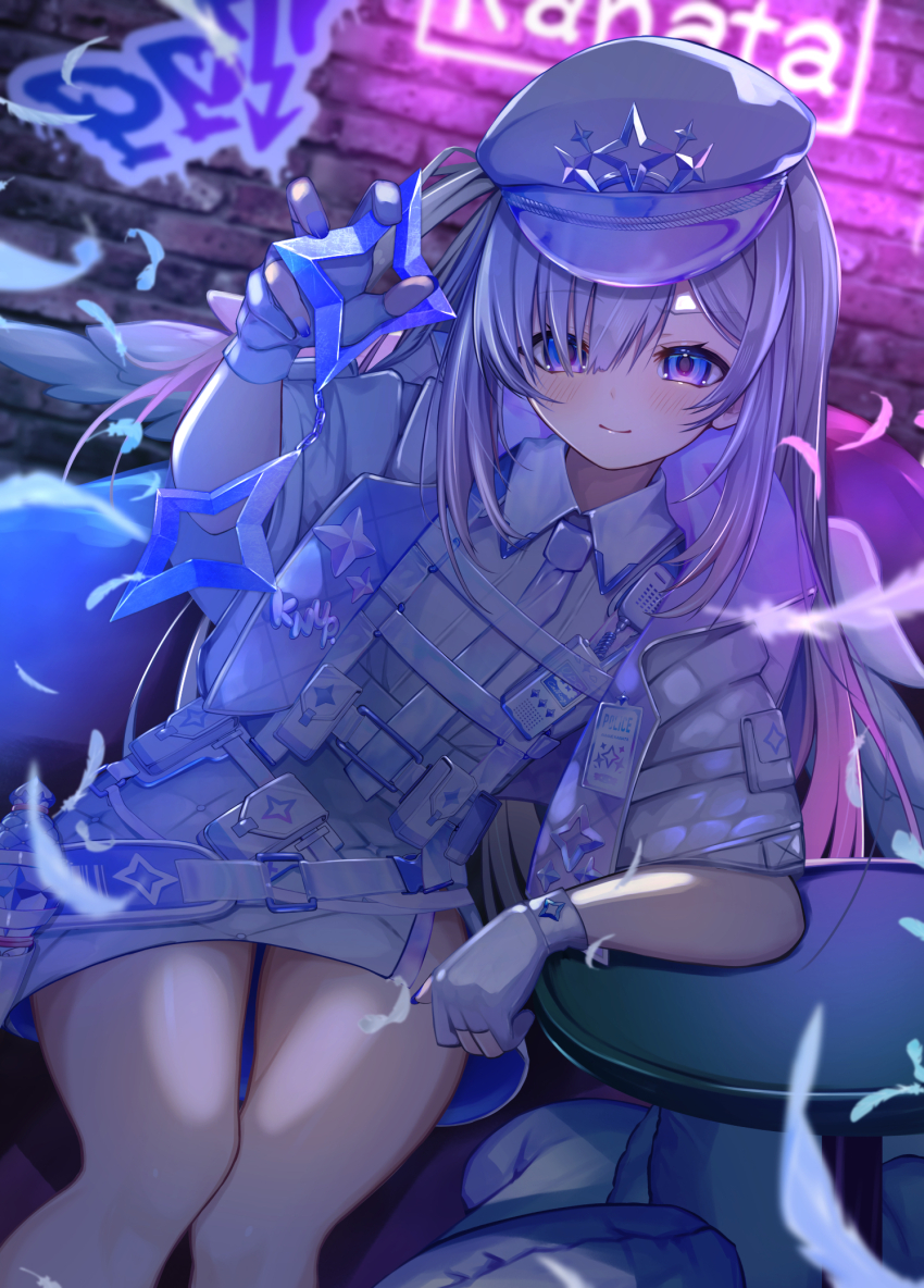 1girl, amane_kanata, amane_kanata_(heavenly_guard_mission), angel, angel_wings, arm_rest, bare_legs, belt_pouch