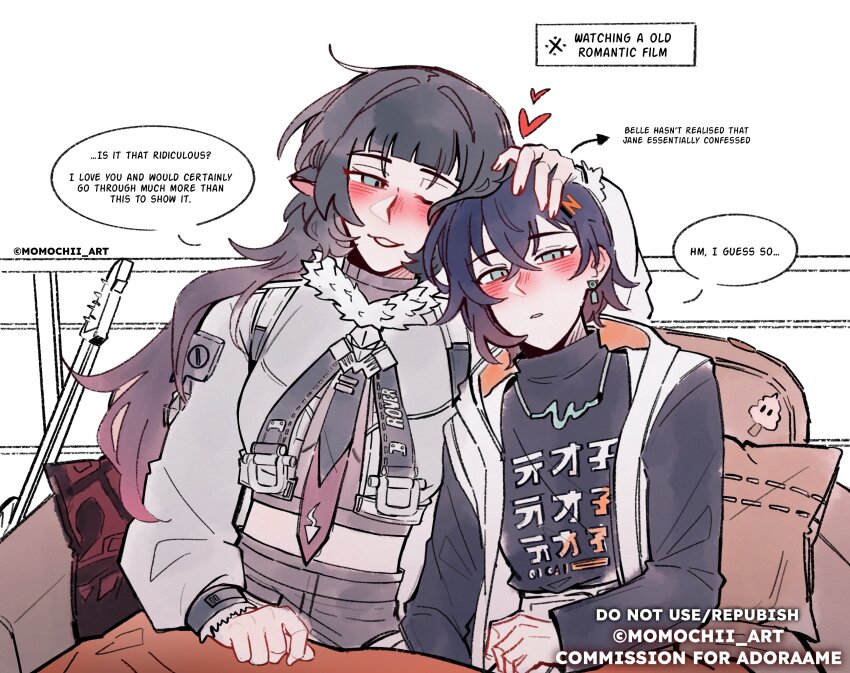 2girls, absurdres, animal_ears, belle_(zenless_zone_zero), black_hair, black_jacket, black_shirt, blue_eyes, blue_hair, blush, commentary, couch, cushion, earrings, electric_guitar, english_commentary, english_text, grey_jacket, guitar, hair_ornament, hand_on_another's_head, heads_together, heart, highres, instrument, jacket, jane_doe_(zenless_zone_zero), jewelry, letter_hair_ornament, long_hair, long_sleeves, midriff, momochii_art, mouse_ears, mouse_girl, mouse_tail, multiple_girls, on_couch, one_eye_closed, parted_lips, shirt, short_hair, sitting, smile, speech_bubble, tail, twitter_username, yuri, zenless_zone_zero