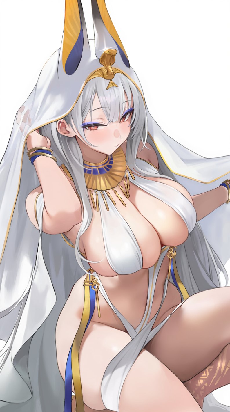 +_+, 1girl, ancient_egyptian_clothes, azur_lane, bracelet, breasts, cleavage, eyeliner, gold_bracelet, hand_up, highres, jewelry, large_breasts, makeup, official_alternate_costume, preview_(preview0), purple_eyeliner, revealing_clothes, scylla_(a_maid's_judgment)_(azur_lane), scylla_(azur_lane), solo, symbol-shaped_pupils, usekh_collar, veil, white_background, white_hair, white_veil