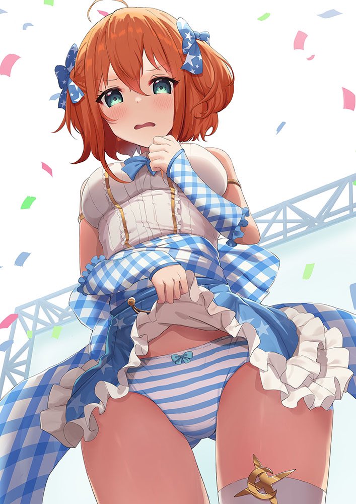 1girl, arm_warmers, blue_arm_warmers, blue_bow, blue_bowtie, blue_panties, blue_skirt, blush, bow, bow_panties, bowtie, breasts, clothes_lift, commentary_request, confetti, cowboy_shot, disgust, frilled_skirt, frills, green_eyes, guest_art, hair_between_eyes, hair_bow, hand_on_own_chest, idol, iya_na_kao_sare_nagara_opantsu_misete_moraitai, lifting_own_clothes, looking_at_viewer, medium_breasts, miya_(tokumei), open_mouth, orange_hair, panties, plaid_arm_warmers, plaid_clothes, second-party_source, shirt, short_hair, single_thighhigh, skirt, skirt_lift, sleeveless, solo, standing, star_(symbol), star_print, striped_clothes, striped_panties, thighhighs, underwear, white_background, white_shirt, white_thighhighs, yuina_(iyapan)
