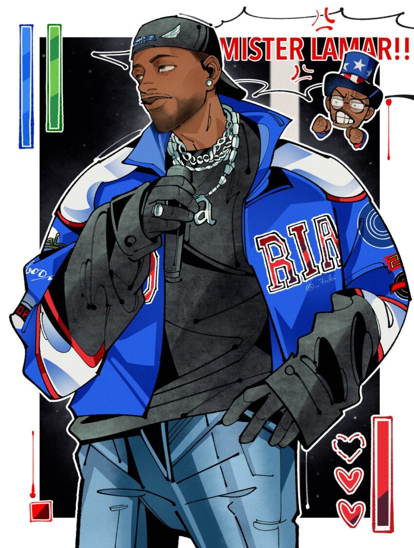 2boys, american_flag, american_flag_print, animification, backwards_hat, baseball_cap, black_gloves, black_hat