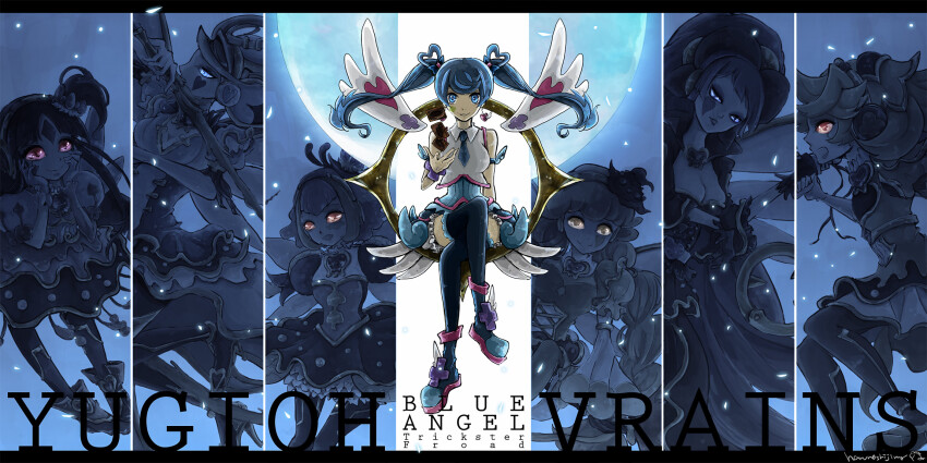 6+girls, arm_behind_back, armband, bare_shoulders, black_border, blue_angel_(yu-gi-oh!), blue_armband, blue_background