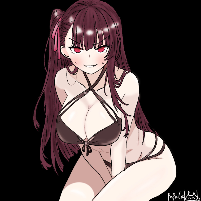 1girl, bare_shoulders, bikini, black_background, black_bikini, blush, breasts, girls'_frontline