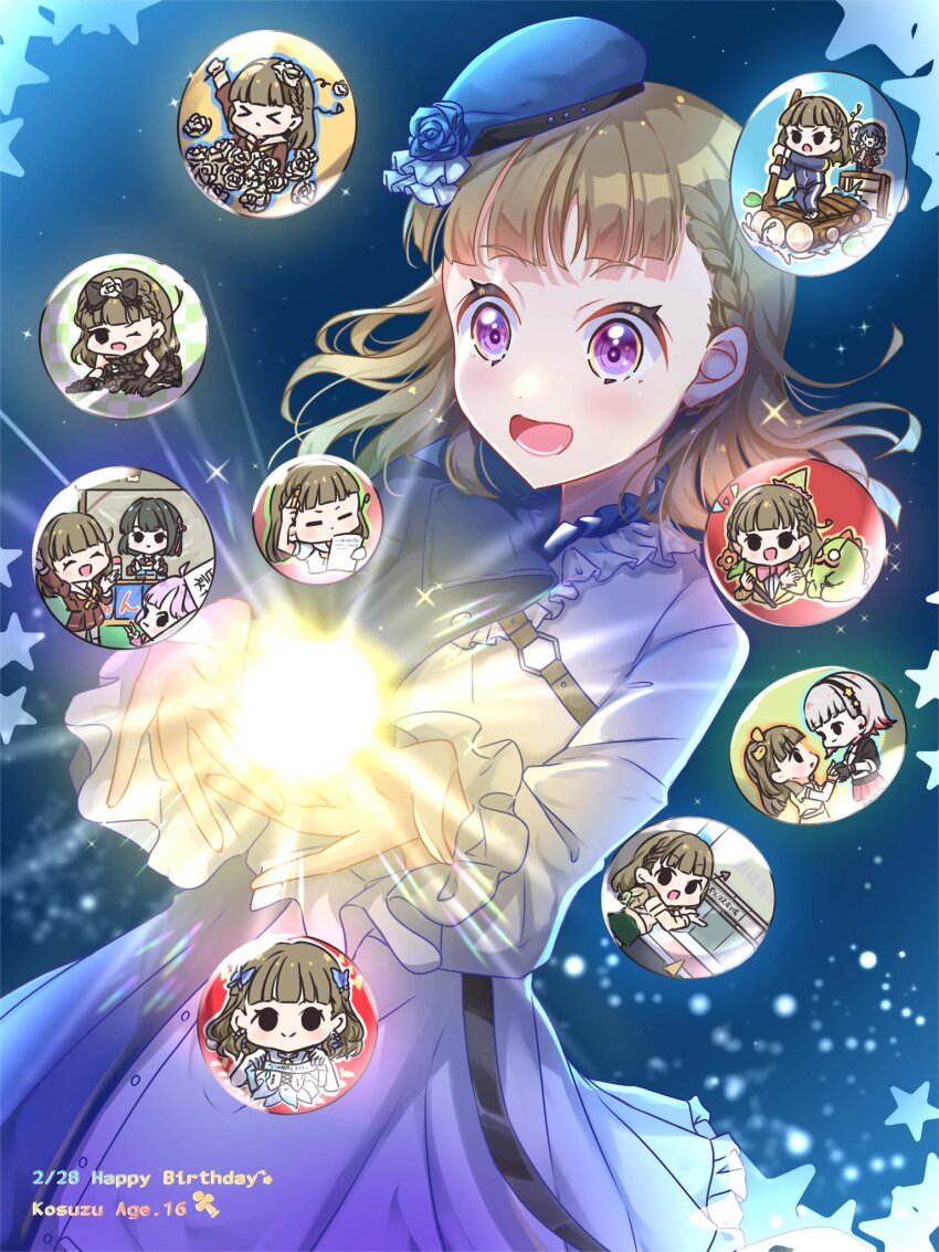 >_<, 1girl, :d, ^_^, anyoji_hime, aurora_flower_(love_live!), badge, beret