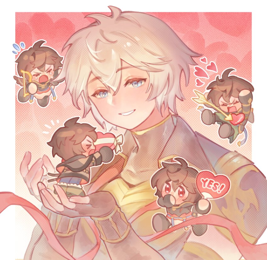 >_<, 2boys, :o, absurdres, ahoge, alternate_form, armor, arrow_through_heart