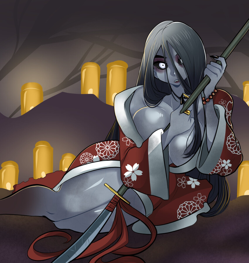 1girl, breasts, colored_skin, eyeshadow, female_focus, fingernails, ghost, grey_skin, highres, hisako_(killer_instinct), japanese_clothes, killer_instinct, kimono, large_breasts, long_hair, looking_at_viewer, makeup, missandydandy, onryo, polearm, sharp_fingernails, sharp_teeth, solo, spear, sunken_eyes, teeth, thick_thighs, thighs, undead, weapon