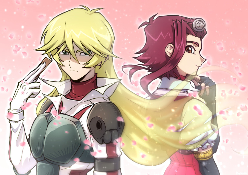 2girls, antenna_hair, arm_at_side, arm_warmers, armband, armor, back-to-back, bangs_pinned_back, black_arm_warmers, black_armband, blonde_hair, breastplate, brown_eyes, card, commentary, corset, dress, dress_shirt, elbow_gloves, facing_to_the_side, falling_petals, fingerless_gloves, frilled_sleeves, frills, gloves, gradient_background, green_eyes, hair_ornament, hair_over_one_eye, hairclip, hand_on_own_chin, holding, holding_card, izayoi_aki, komao_komaoart, long_hair, looking_at_another, looking_at_viewer, looking_back, looking_to_the_side, multiple_girls, petals, pink_background, popped_collar, racing_suit, red_corset, red_dress, red_hair, red_petals, red_shirt, red_trim, serious, sherry_leblanc, shirt, shoulder_pads, smile, turning_head, white_gloves, white_shirt, wind, yu-gi-oh!, yu-gi-oh!_5d's