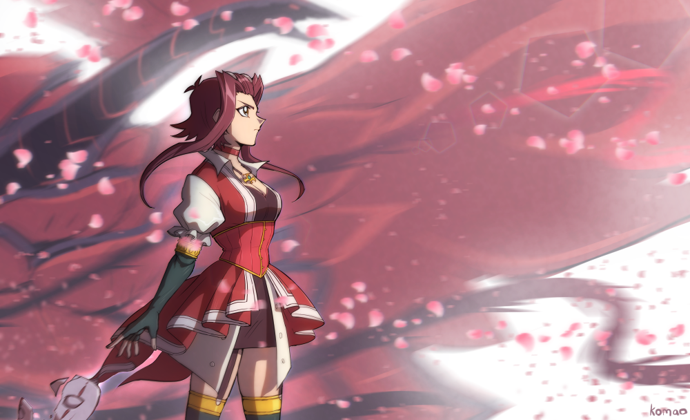 1girl, arm_warmers, black_arm_warmers, black_rose_dragon, black_thighhighs, blurry, blurry_background, broken_mask, brown_eyes, card, choker, commentary, corset, curtained_hair, dappled_sunlight, dragon, dragon_horns, dress, dress_shirt, duel_monster, facing_to_the_side, falling_petals, flower, flying, frilled_sleeves, frills, garter_straps, gold_necklace, hair_ornament, hairclip, holding, holding_card, horns, izayoi_aki, jewelry, komao_komaoart, looking_to_the_side, mask, miniskirt, necklace, open_hand, petals, plant, popped_collar, red_choker, red_corset, red_dress, red_hair, red_petals, red_skirt, shirt, skirt, sunlight, thighhighs, vines, white_background, white_shirt, yu-gi-oh!, yu-gi-oh!_5d's